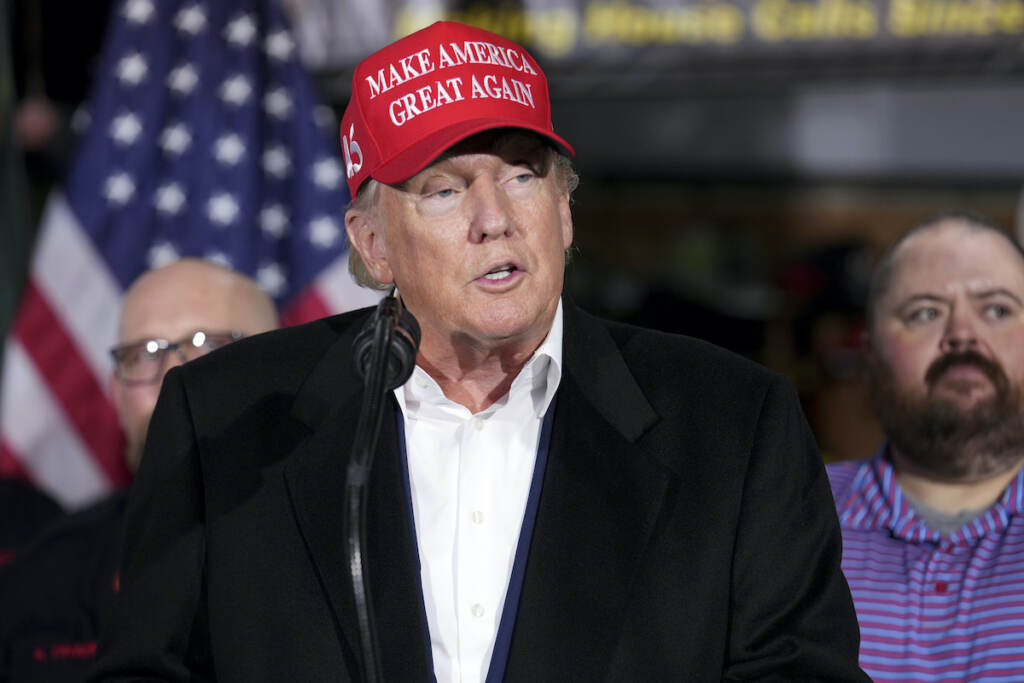 File photo: Former President Donald Trump speaks at the East Palestine Fire Department as he visits the area in the aftermath of the Norfolk Southern train derailment Feb. 3 in East Palestine, Ohio, Wednesday, Feb. 22, 2023