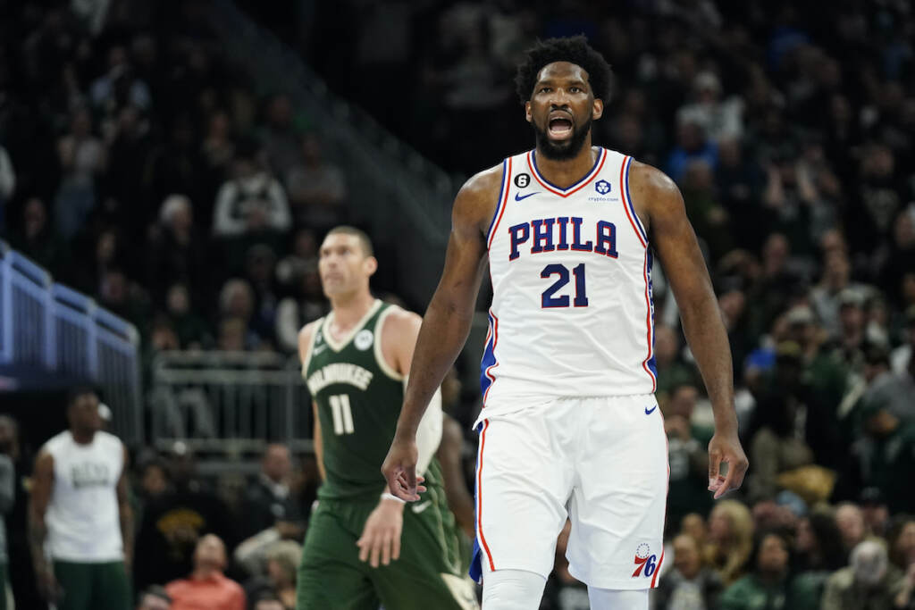 Joel Embiid Philadelphia 76ers' Joel Embiid (21) reacts after making a basket during the second half of an NBA basketball game against the Milwaukee Bucks,