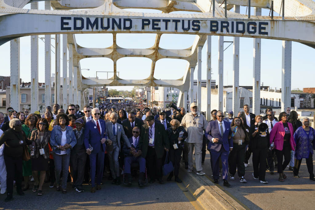 Joe Biden President Joe Biden walks across the Edmund Pettus Bridge in Selma, Ala., Sunday, March 5, 2023, to commemorate the 58th anniversary of ''Bloody Sunday,'' a landmark event of the civil rights movement