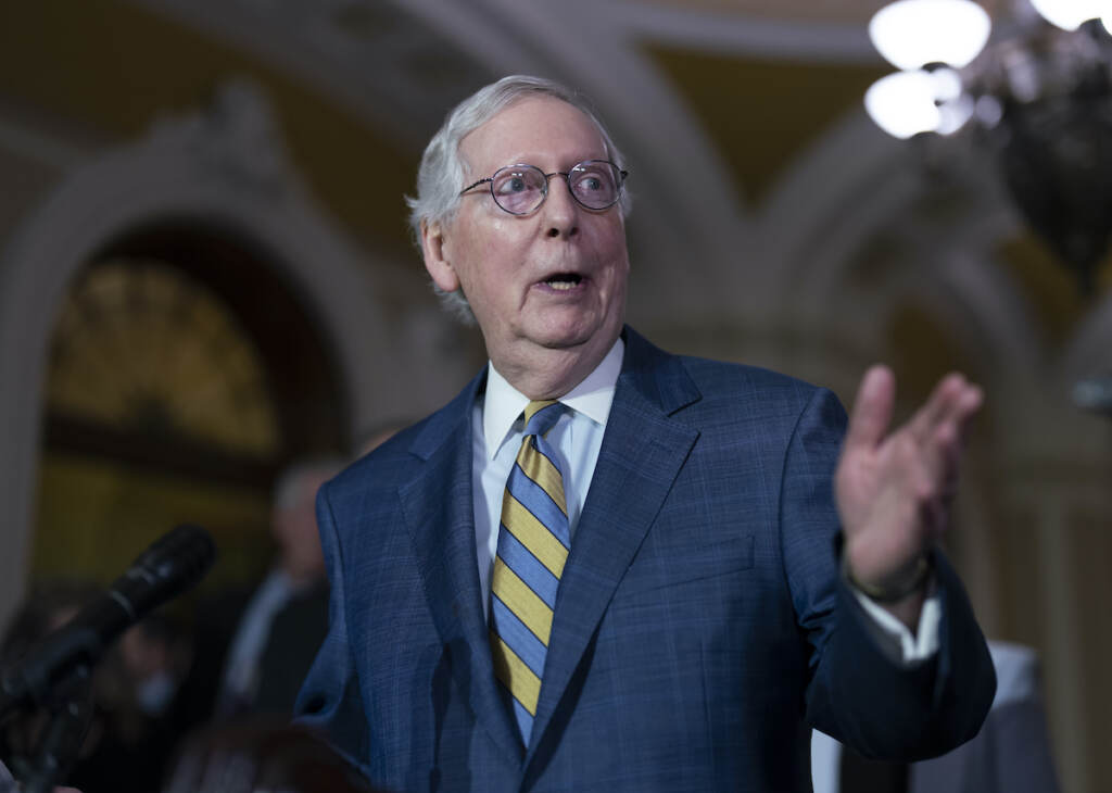 Mitch McConnell File photo: Senate Minority Leader Mitch McConnell, R-Ky., speaks to reporters following a closed-door policy meeting, at the Capitol in Washington