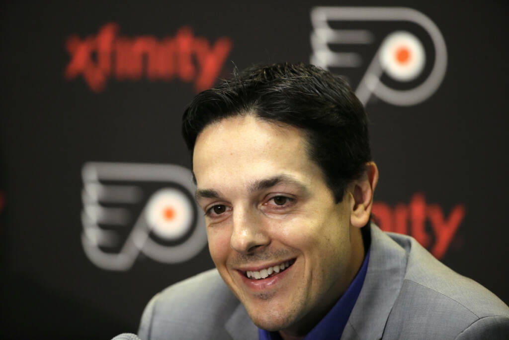 Flyers Fletcher Fired Hockey File photo: Danny Briere speaks during a news conference Tuesday, Aug. 18, 2015, in Voorhees, N.J.