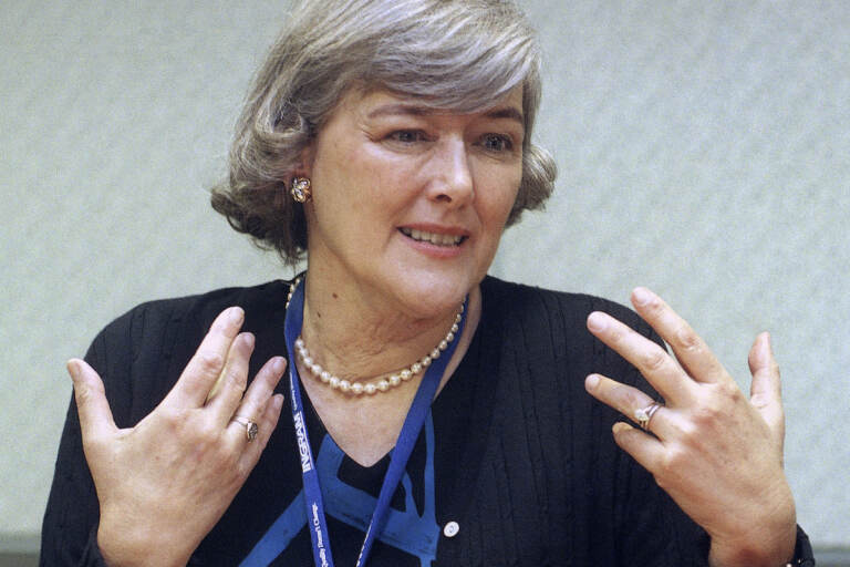 Pat Schroeder speaks to a reporter during an interview at the Los Angeles Convention Center