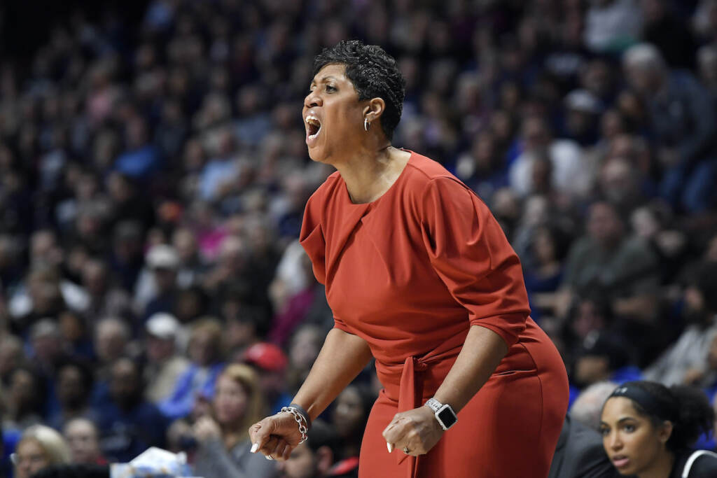 File photo: Cincinnati's Michelle Clark-Heard calls out to her team during the first half of an NCAA college basketball game in the American Athletic Conference tournament finals against Connecticut at Mohegan Sun Arena, Monday, March 9, 2020, in Uncasville, Conn