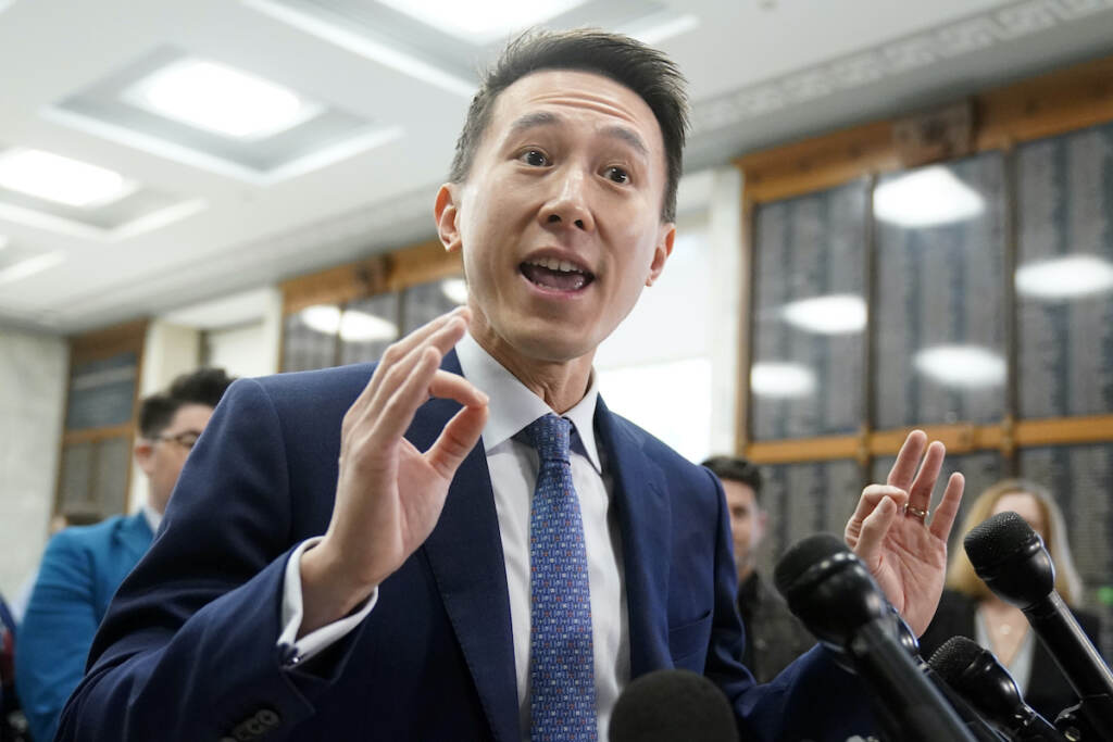 TikTok CEO Shou Zi Chew speaks to reporters before a hearing of the House Energy and Commerce Committee, on the platform's consumer privacy and data security practices and impact on children, Thursday, March 23, 2023, on Capitol Hill in Washington. (AP Photo/Manuel Balce Ceneta)