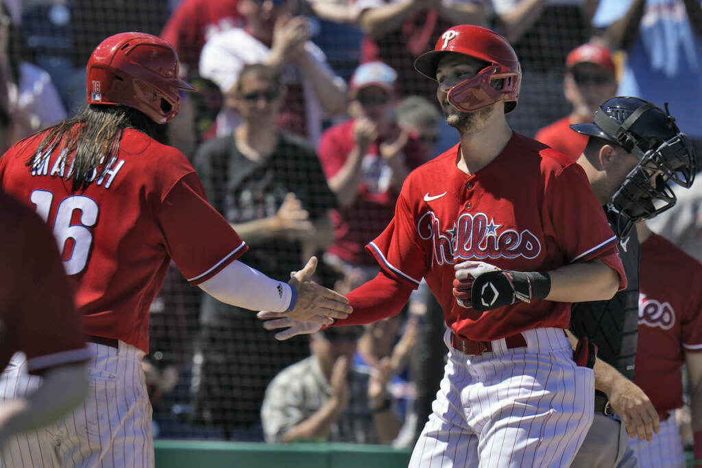 Tigers Phillies Baseball Philadelphia Phillies' Trea Turner shakes hands with Brandon Marsh (16) after Turner hit a two-run home run off Detroit Tigers' Joey Wentz during the fifth inning of a spring training baseball game Thursday, March 23, 2023, in Clearwater