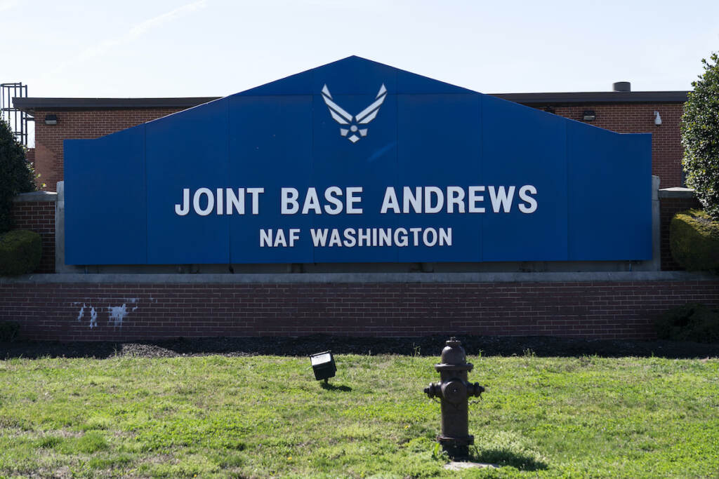 Joint Base Andrews Lockdown The sign for Joint Base Andrews is seen on March 26, 2021, at Andrews Air Force Base