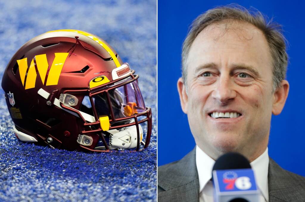 Commanders Harris 2 box 2 A Washington Commanders helmet and Philadelphia 76ers owner Josh Harris