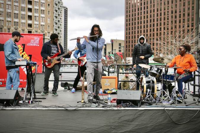 Boom-bap jazz band Mobbluz performs in Love Park, where the Philadelphia Office of Arts Culture announced the calendar of events for Philly Celebrates Jazz