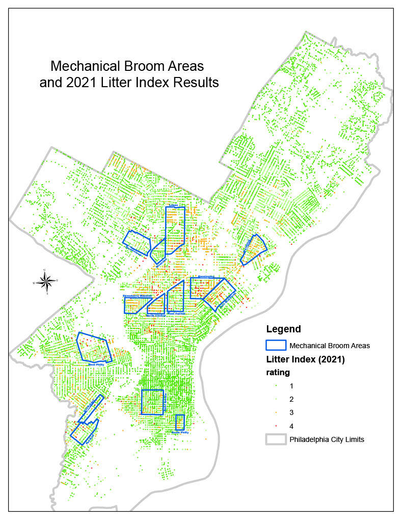 The 2023 street sweeping areas on top of the city's litter index, using data collected in 2021