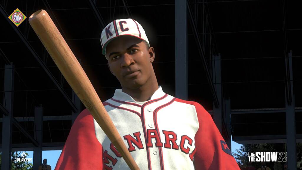 MLB_23_20230213_NGL_for_MLB_Robinson_16x9_001.0 a digital rendering of Jackie Robinson as a member of the Kansas City Monarchs from the game MLB The Show 23.