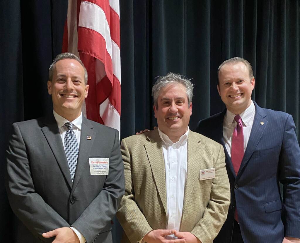 Republican candidate for commissioner Chester County GOP endorsement convention (Courtesy of Mitchell Micale) Republican candidate for commissioner David Sommers (left), Republican Committee of Chester County chairperson Raffi Terzian (center), and commissioner candidate Eric Roe pose at the Chester County GOP endorsement convention.