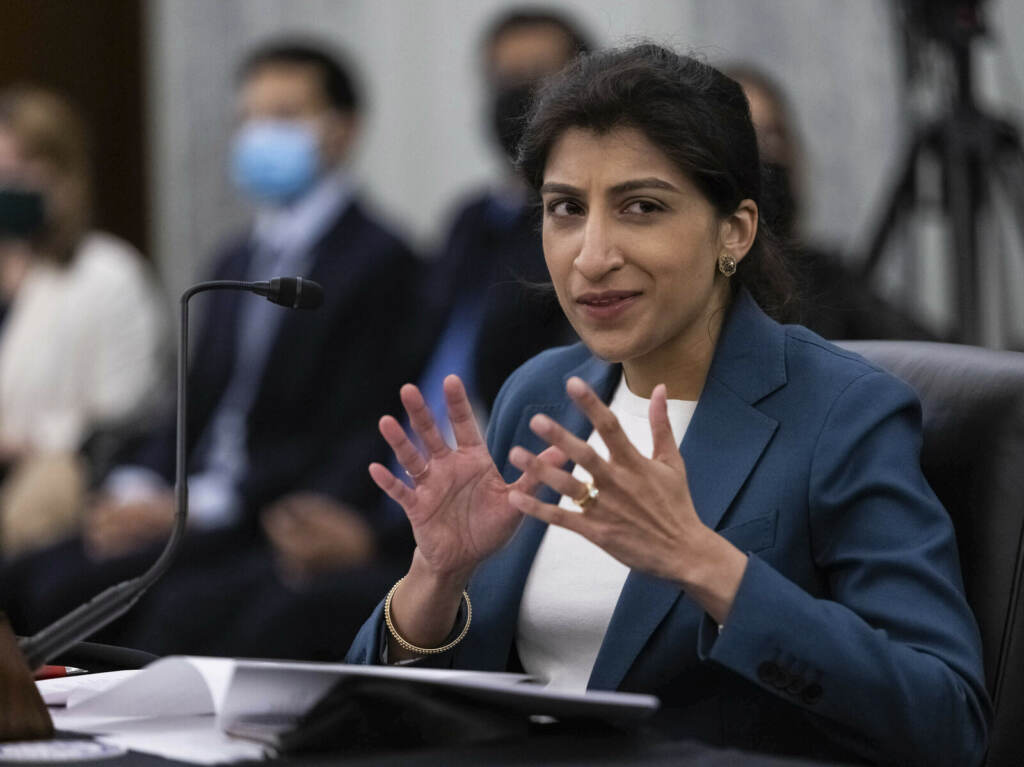 Senate FTC Lina Khan, nominee for Commissioner of the Federal Trade Commission (FTC), speaks during a Senate Committee on Commerce, Science, and Transportation confirmation hearing, Wednesday, April 21, 2021 on Capitol Hill in Washington