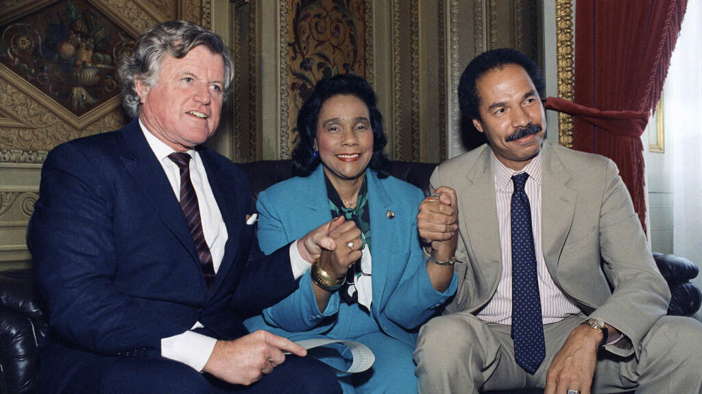 Coretta Scott King, Edward Kennedy, Ted Kennedy, Randall Robinson Randall Robinson, right, is pictured with Coretta Scott King and Sen. Edward Kennedy, D-Mass., after the Senate voted to override then-President Reagan's veto of tough new sanctions against South Africa in 1986. Robinson died Friday at 81.