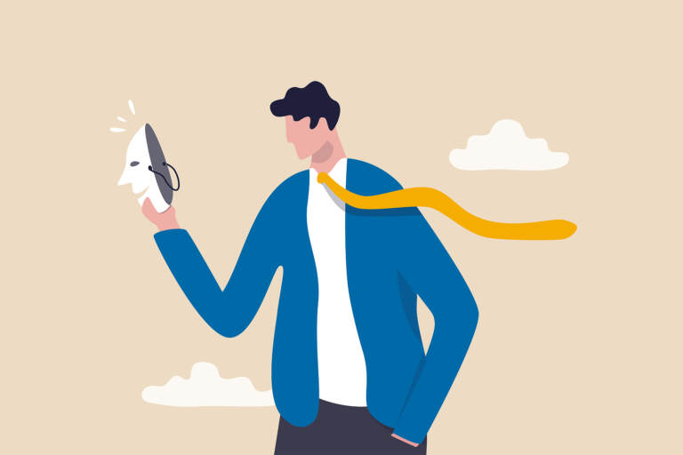 Imposter syndrome, hypocrisy, business dishonest or liar, fake, crime or fraudulent concept, depressed anonymous businessman holding smiling mask thinking about being or acting like another person.