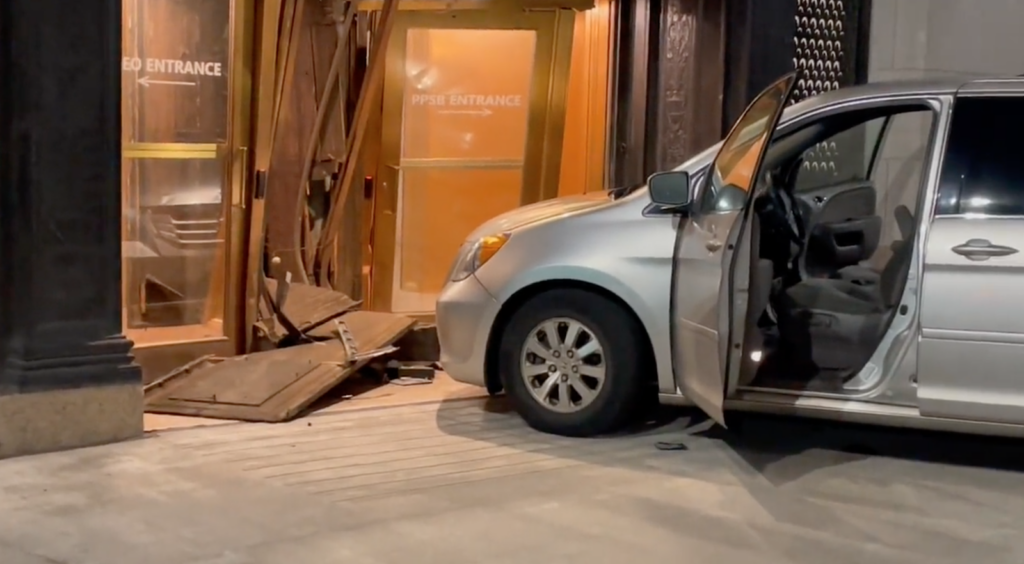 crash-ppd-headquarters-wpvi-031423 A minivan is seen after a driver crashed into the front of Philadelphia police headquarters
