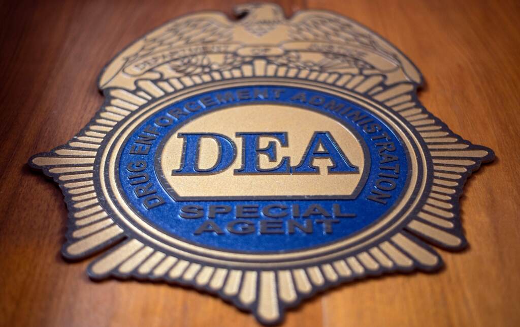 A U.S. Drug Enforcement Administration badge. The DEA issued an alert warning of a “sharp increase in the trafficking of fentanyl mixed with xylazine” on Monday. An upclose image of a badge that reads DEA.