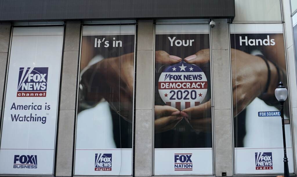 US-MEDIA-FOX NEWS Former Fox producer Abby Grossberg is alleging the network's attorneys pressured her to portray the network in a favorable light in testimony about what happened after the 2020 election. Here, a display outside the Fox News headquarters in New York in July 2020.