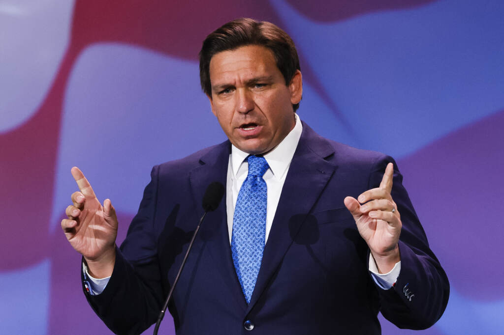 Florida Gov. Ron DeSantis, a Republican, is expected by many to announce his candidacy for president in the coming weeks or months. Speaking here at the Republican Jewish Coalition Annual Leadership Meeting in Las Vegas on Nov. 19, 2022. Ron DeSantis speaking