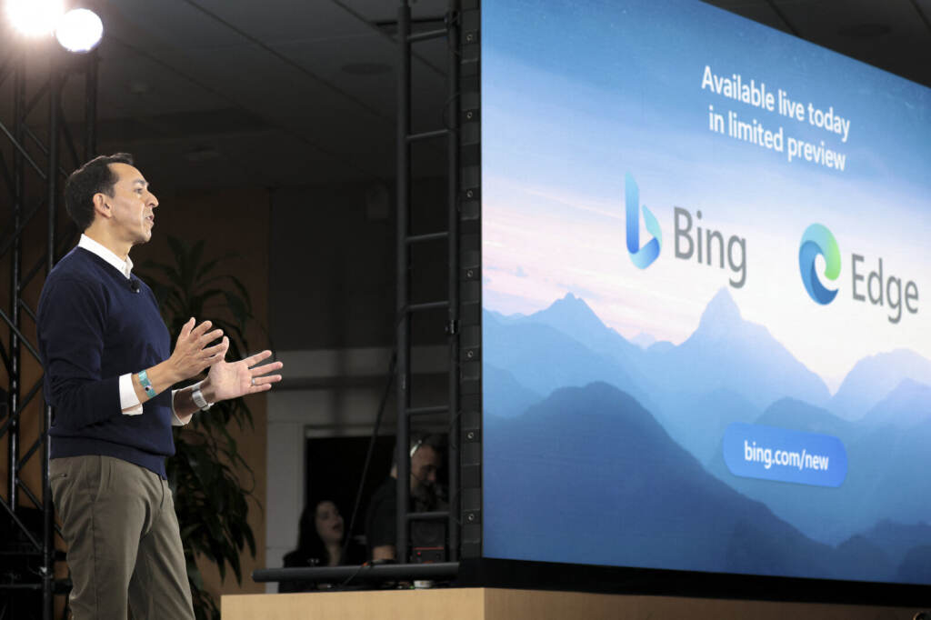 Yusuf Mehdi, Microsoft corporate vice president of modern Llife, search, and devices speaks during an event introducing a new AI-powered Microsoft Bing and Edge at Microsoft in Redmond, Wash., earlier this month. Jason Redmond /AFP via Getty Images