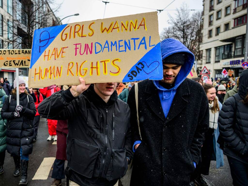 GERMANY-JUSTICE-SOCIAL-WOMEN-PROTEST Protesters march in Berlin to mark International Women's Day on Wednesday