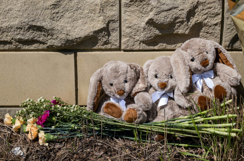 Six Killed In Mass Shooting At A Private School In Nashville Items are left at a makeshift memorial at the entrance of The Covenant School after a mass shooting on March 28, 2023 in Nashville, Tennessee. According to reports, three students and three adults were killed by the 28-year-old shooter on Monday. (Photo by Seth Herald/Getty Images)