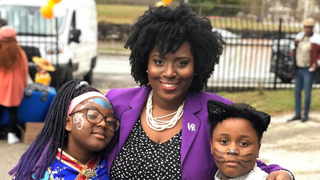 joannamcclinton-southwestphillyfallfest-kids State Rep. Joanna McClinton in 2019, with constituents at the fall festival in Southwest Philadelphia, where she grew up. (Rep. McClinton)