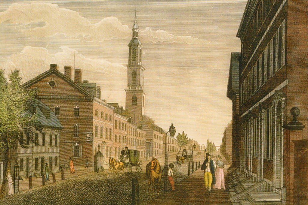 philadelphia-birch-plate-historical-1799 An illustrated view of a street in Philadelphia in the 18th century