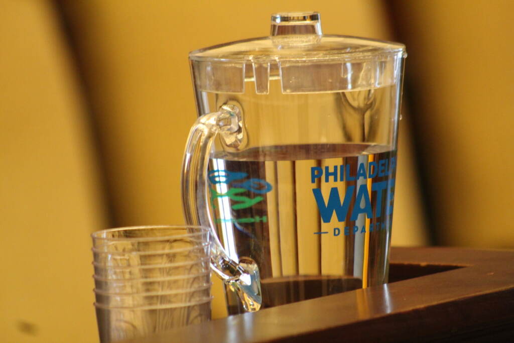philadelphia-water-safe-announcement An up-close view of a pitcher of water with Philadelphia Water written on it.