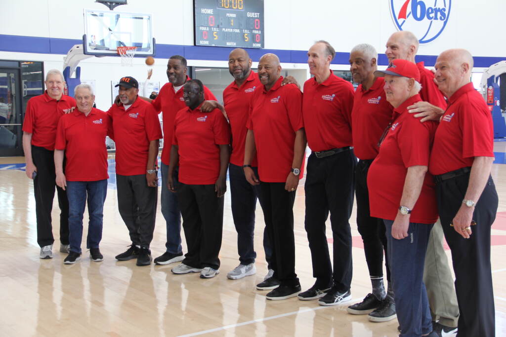 sixers-82-83-team-c-sharber-2023-03-20-1 Members of the 1982-83 Philadelphia 76ers NBA Championship team gathered ahead of shootaround at the team's practice facility in Camden, New Jersey on Mar. 20, 2023. (Cory Sharber/WHYY)
