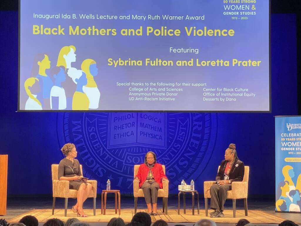 sybrina-fulton-loretta-prater-u-del Sybrina Fulton, Loretta Prater, and a moderator sit onstage.