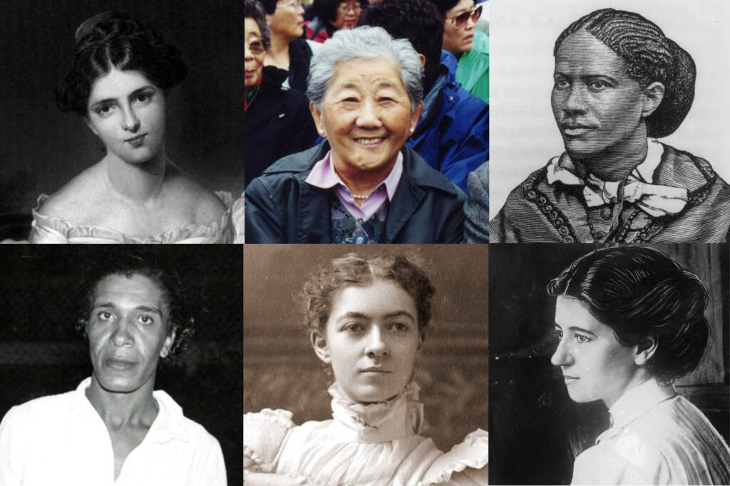 (Clockwise from top left) Fanny Kemble, Grayce Uyehara, Frances Ellen Watkins Harper, Violet Oakley, Mary Engle Pennington, Ora Washington