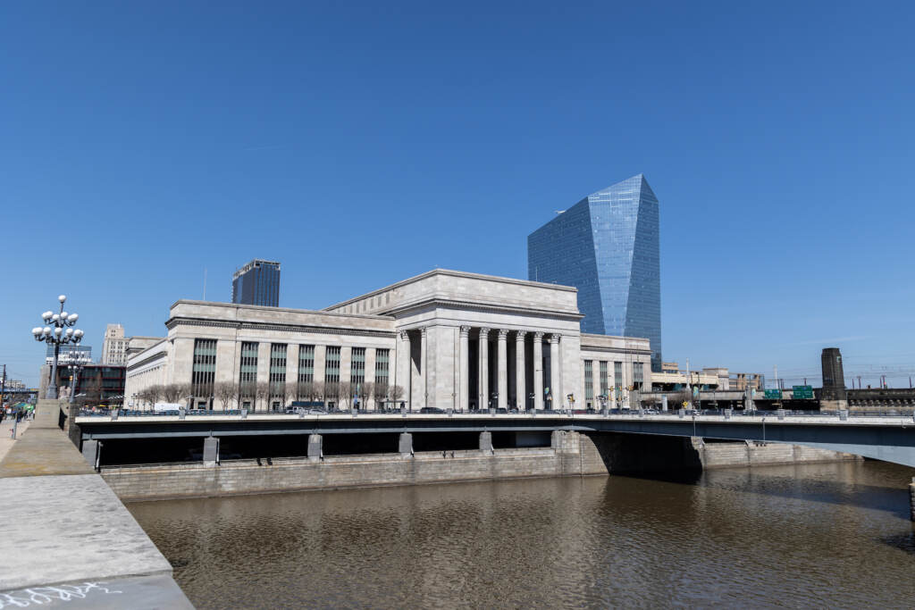 30th Street Station in Center City Philadelphia. (Kimberly Paynter/WHYY) View of 30th Street Station overlooking the Schuylkill River.