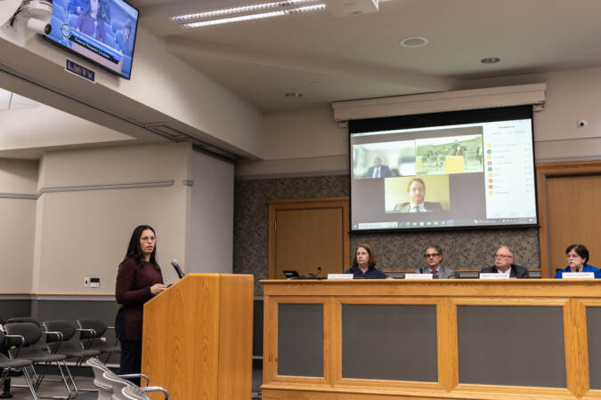 Residents gave public comment on an ordinance limiting the sale of firearms in Lower Merion Township on April 19, 2023. (Kimberly Paynter/WHYY)