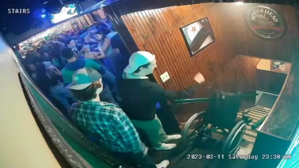 13079774_040323-wpvi-carson-briere-wheelchair Security camera footage of Mercyhurst University student Carson Briere pushing a wheelchair down a flight of stairs at a bar.