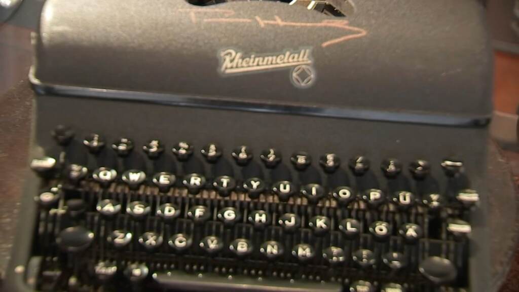 A closeup of a 1953 East German Rheinmetall Gs typewriter, donated to a shop in South Philadelphia by Tom Hanks.