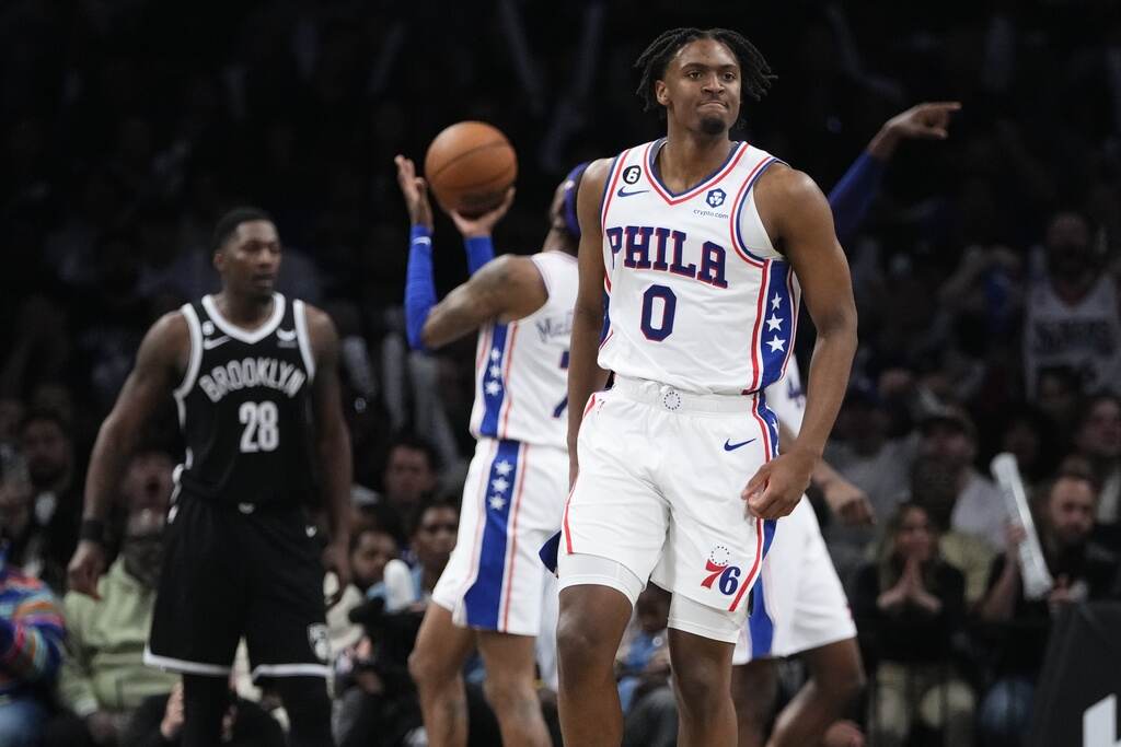 Philadelphia 76ers' Tyrese Maxey (0) reacts after scoring during the second half of Game 4 in an NBA basketball first-round playoff series against the Brooklyn Nets, Saturday, April 22, 2023, in New York.