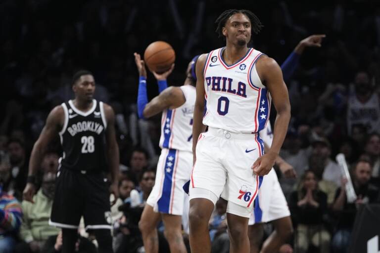 Philadelphia 76ers' Tyrese Maxey (0) reacts after scoring during the second half of Game 4 in an NBA basketball first-round playoff series against the Brooklyn Nets, Saturday, April 22, 2023, in New York.