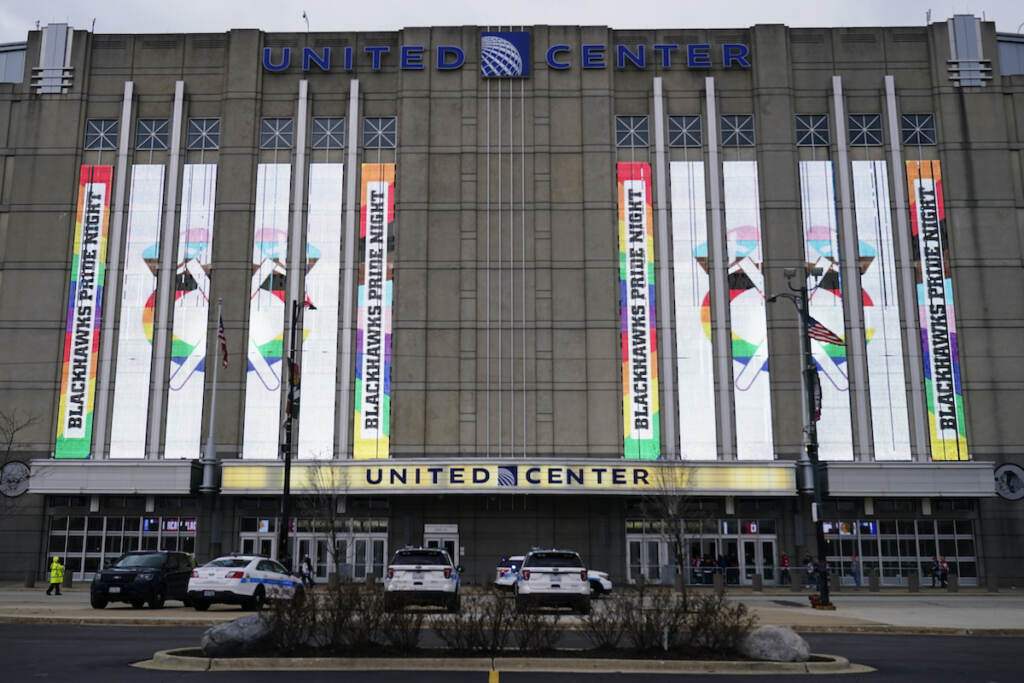 Screens display ''Blackhawks Pride Night'' outside United Center before an NHL hockey game between the Vancouver Canucks and the Chicago Blackhawks in Chicago