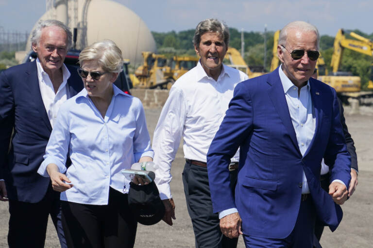 File photo: President Joe Biden arrives to speak about climate change and clean energy at Brayton Power Station, July 20, 2022, in Somerset, Mass., with Sen. Ed Markey, D-Mass., Sen. Elizabeth Warren, D-Mass., and Special Presidential Envoy for Climate John Kerry