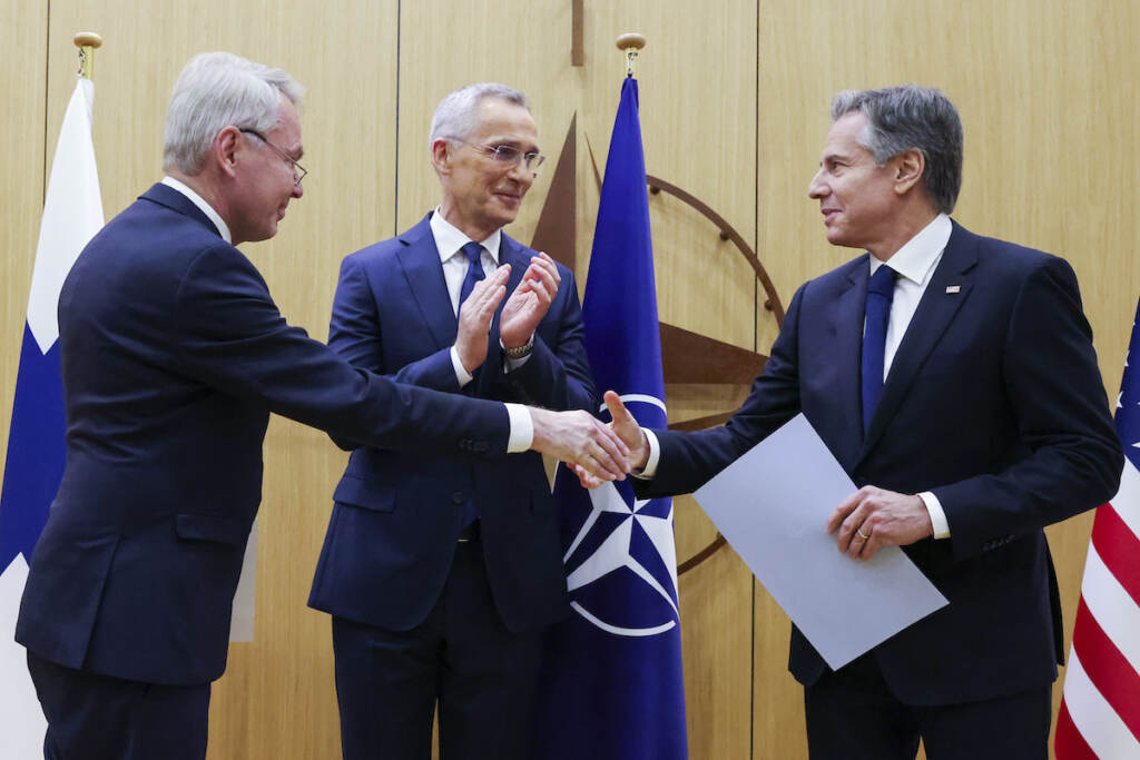 APTOPIX Belgium NATO Foreign Ministers Finland Finnish Foreign Minister Pekka Haavisto, (left) shakes hands with United States Secretary of State Antony Blinken (right) after handing over his nation's accession document during a meeting of NATO foreign ministers at NATO headquarters