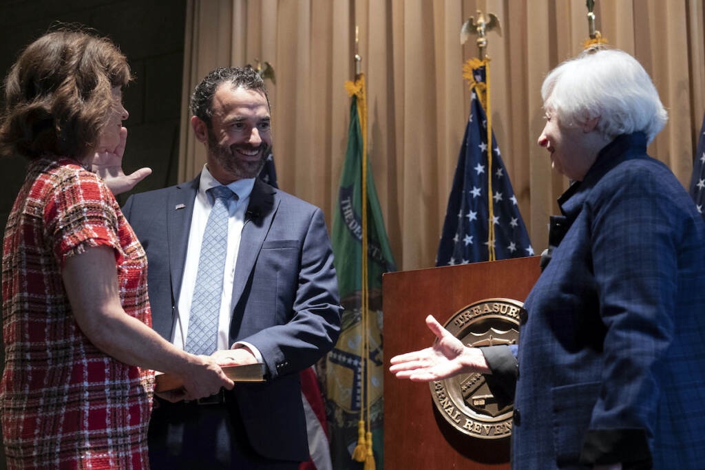 Janet Yellen, Danny Werfel Treasury Secretary Janet Yellen congratulates new IRS commissioner Danny Werfel after the swearing-in at the IRS headquarters in Washington