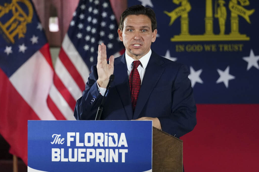 Ron DeSantis Florida Gov. Ron DeSantis speaks to a crowd at Adventure Outdoors gun store, Thursday, March 30, 2023, in Smyrna, Ga.