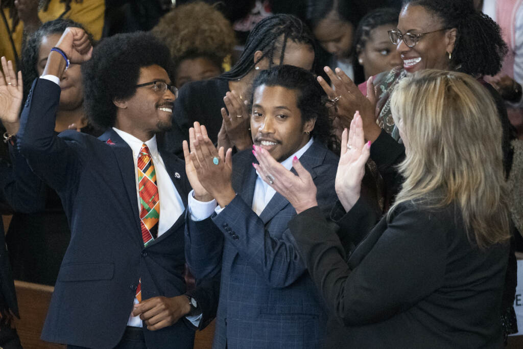 Harris Tennessee Lawmaker Expulsion (From left) Expelled Rep. Justin Pearson, D-Memphis, expelled Rep. Justin Jones, D-Nashville, and Rep. Gloria Johnson, D-Knoxville
