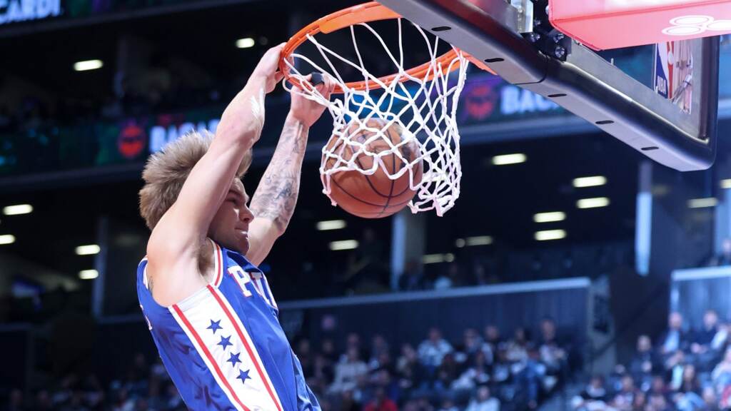 Philadelphia 76ers guard Mac McClung (9) dunks Philadelphia 76ers guard Mac McClung (9) dunks against the Brooklyn Nets during the first half of an NBA basketball game
