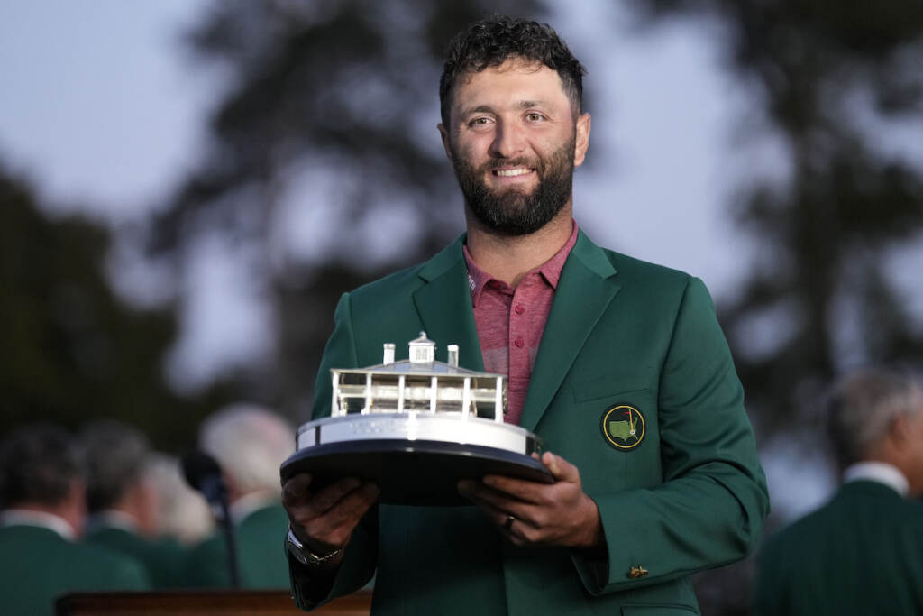 Masters Golf Jon Rahm, of Spain, holds up the trophy after winning the Masters golf tournament at Augusta National Golf Club on Sunday, April 9, 2023, in Augusta