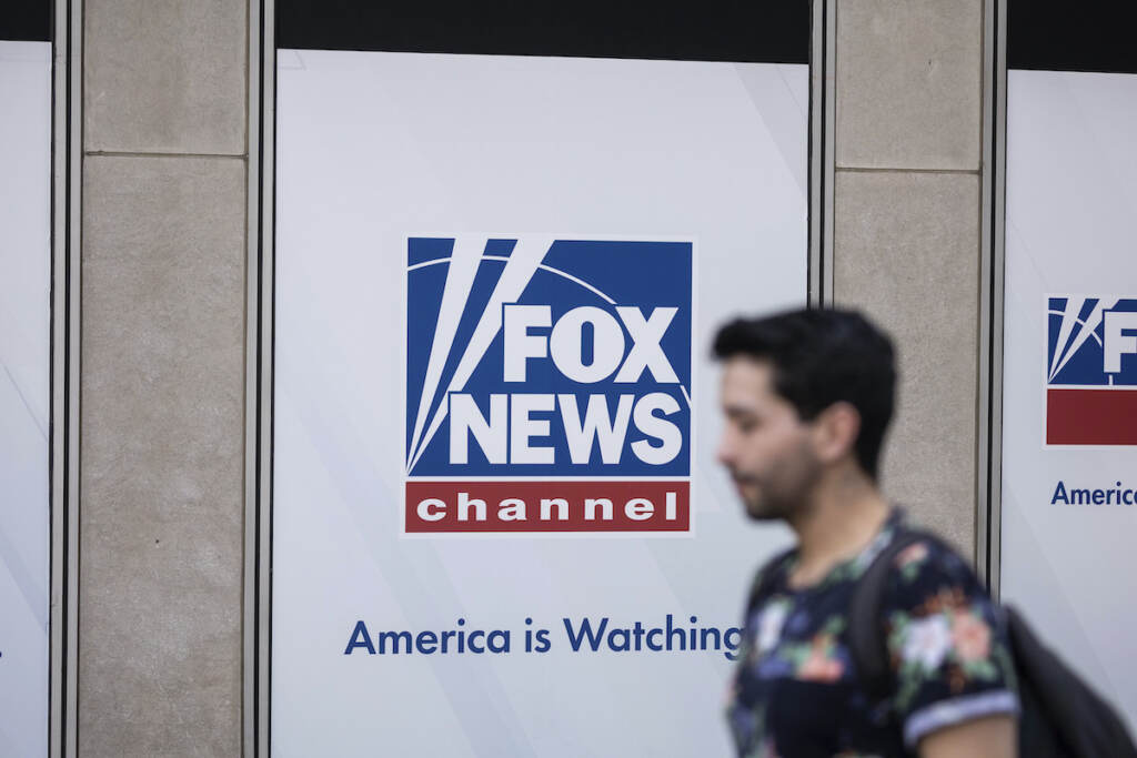 Fox Dominion Trial A person walks past the Fox News Headquarters in New York