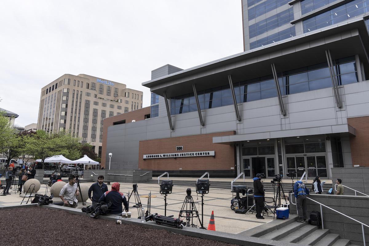 Fox Dominion Lawsuit Members of the media gather outside the justice center in Wilmington, Del.