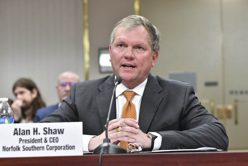 Alan Shaw File photo: Norfolk Southern CEO Alan Shaw testifies about the Feb. 3 derailment in East Palestine, Ohio, before the Pennsylvania state Senate Veterans Affairs and Emergency Preparedness Committee, March 20, 2023, in Harrisburg