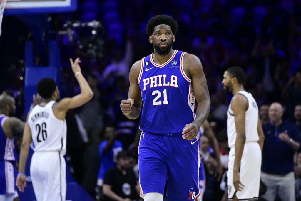 Joel Embiid Philadelphia 76ers' Joel Embiid reacts after a score by Tobias Harris in the first half during Game 2 in the first round of the NBA basketball playoffs against the Brooklyn Nets