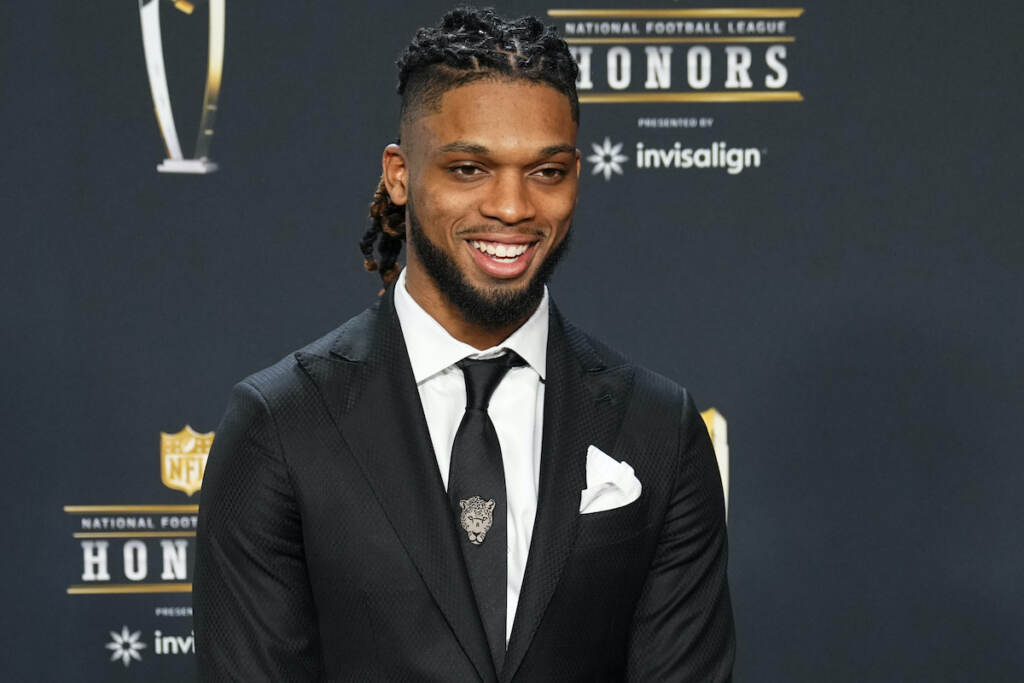 Bills Hamlin File photo:- Buffalo Bills Damar Hamlin arrives for the NFL Honors award show ahead of the Super Bowl 57 football game, Thursday, Feb. 9, 2023, in Phoenix. (AP Photo/Matt York, File)